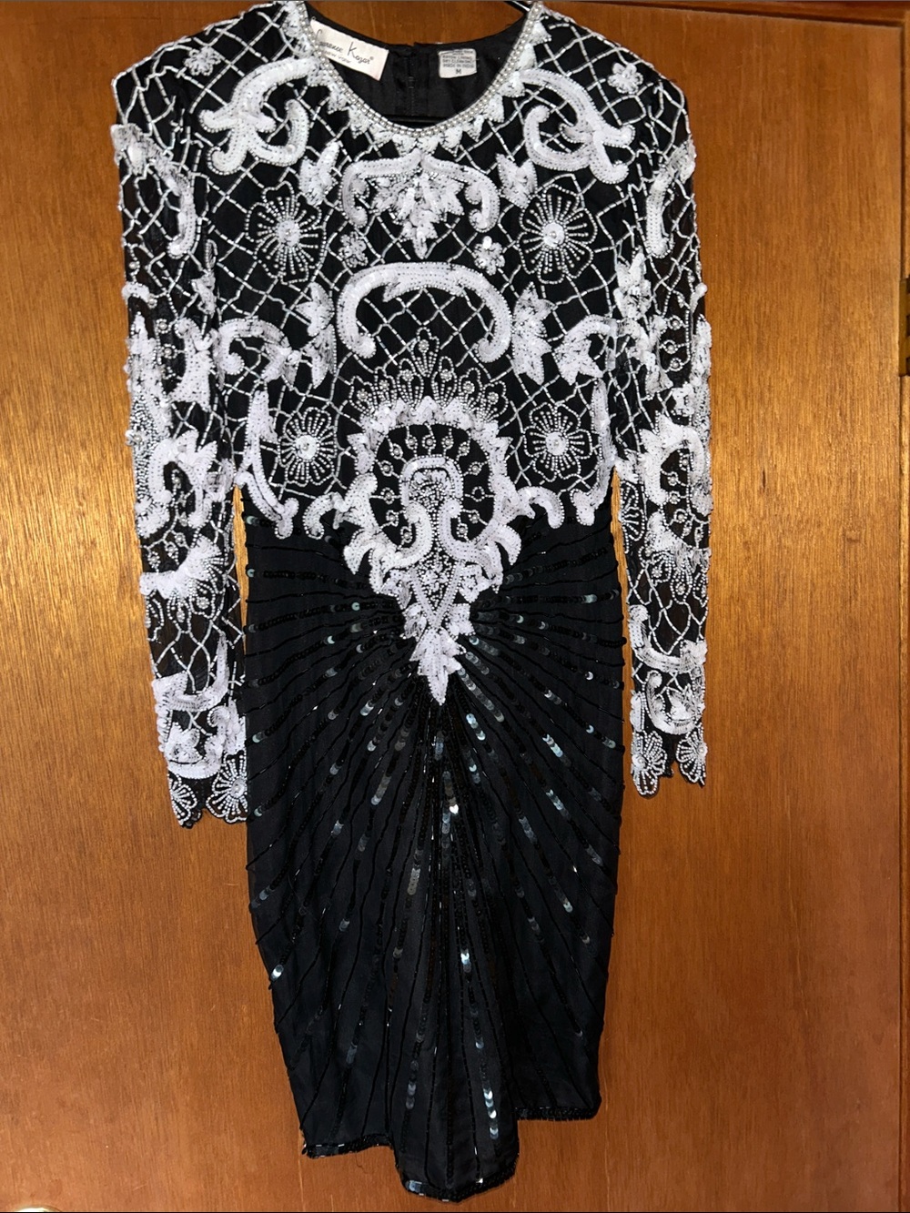 Beaded Black and White Long-Sleeve Cocktail Dress